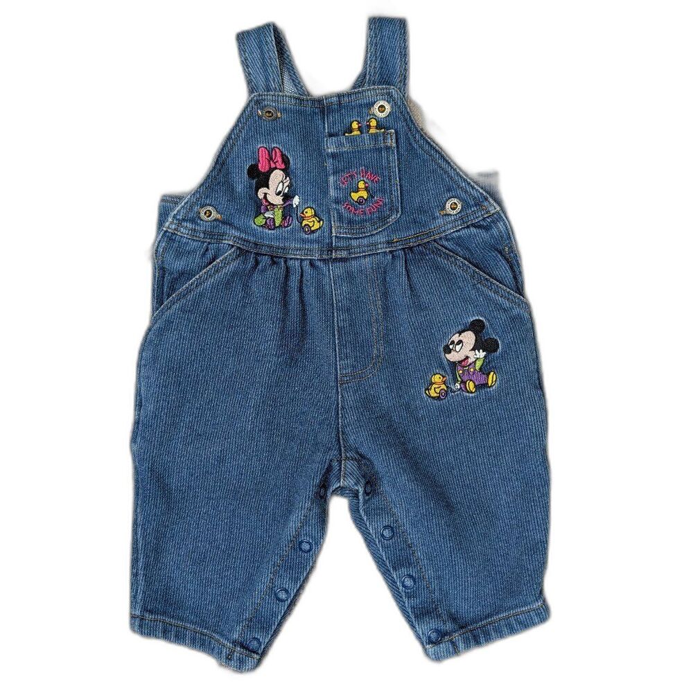 Vintage 90s Girls Disney Baby Minnie & Mickey Embroidered Denim Overalls 6-9m